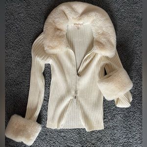 Zip Up Cream Cardigan Faux Fur Trim